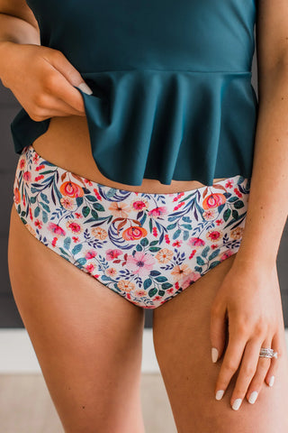 Bask in the Sun Floral Swim Bottoms - Ivory & Teal