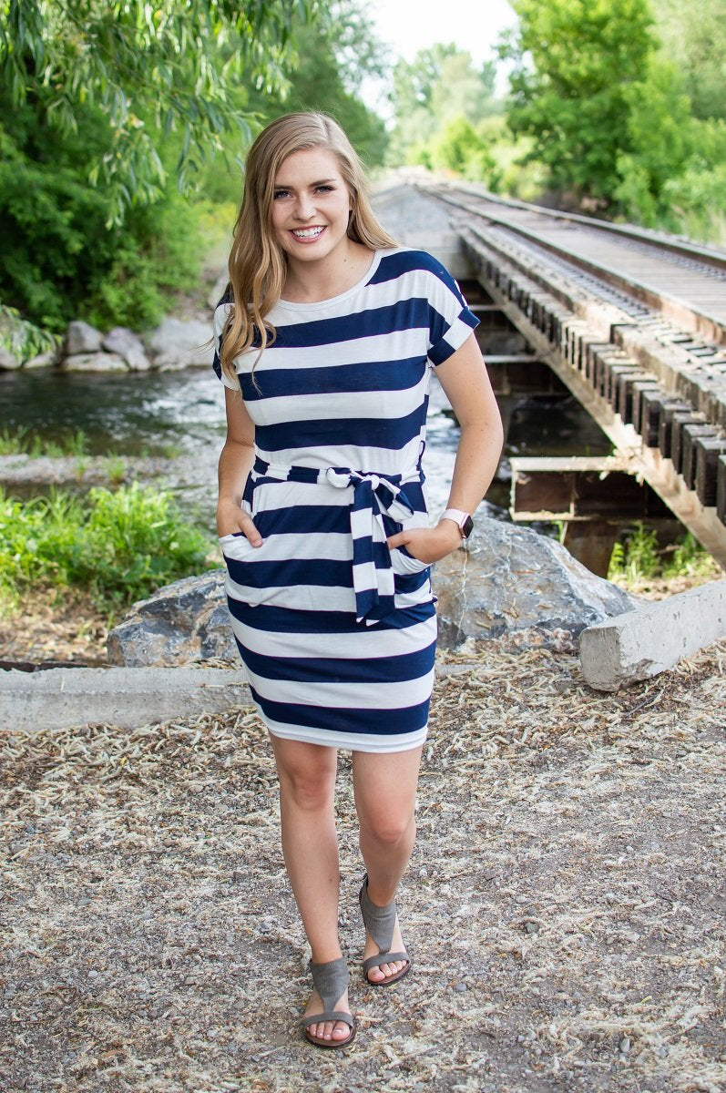 Dress with Pockets | Large Navy Stripes