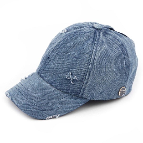 Distressed Denim Criss-Cross Ponytail Cap Featuring C.C Epoxy Side Button For Face Masks