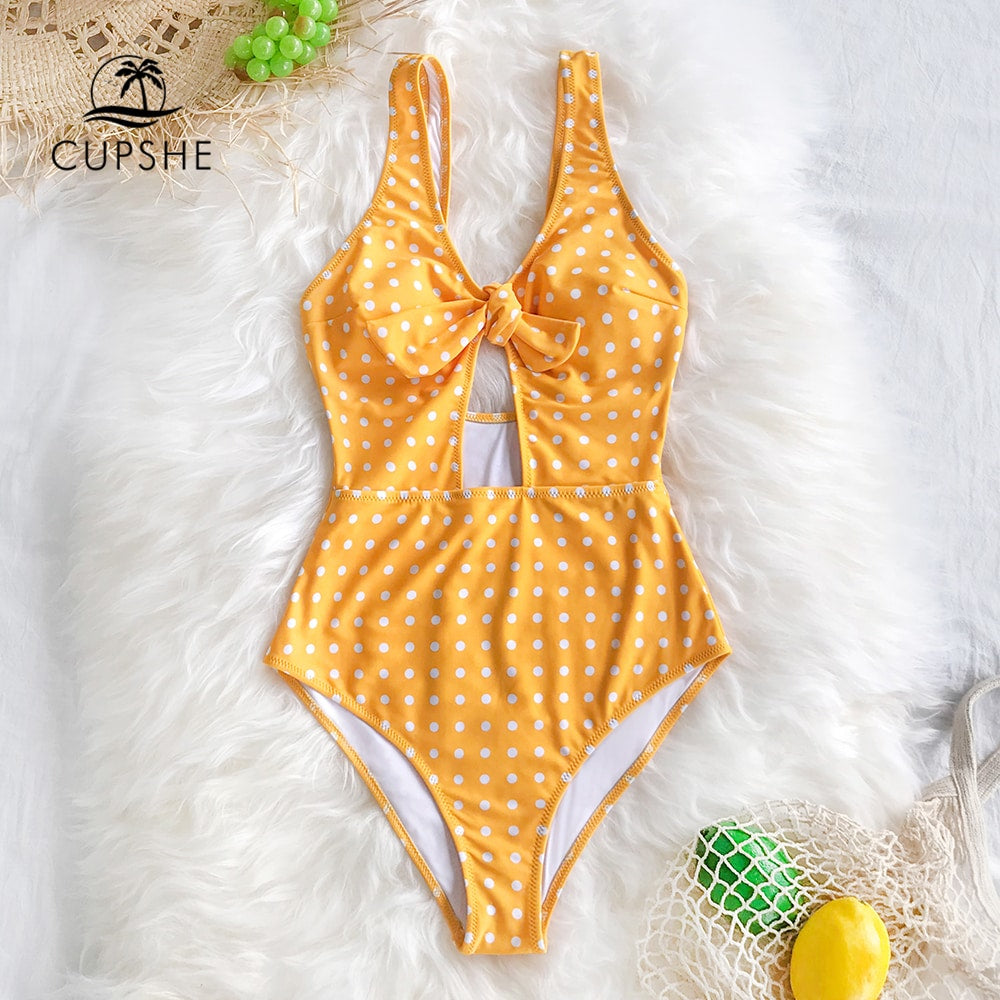 Cupshe XL Sexy Yellow Polka Dot Front Tie Bow One Piece Swimsuit