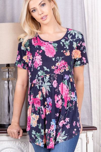 SHORT SLEEVE ROUND NECK MULTI COLOR FLORAL PRINT BABYDOLL TOP