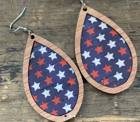 Wood Teardrop Earrings with Red, White, and Blue Cork