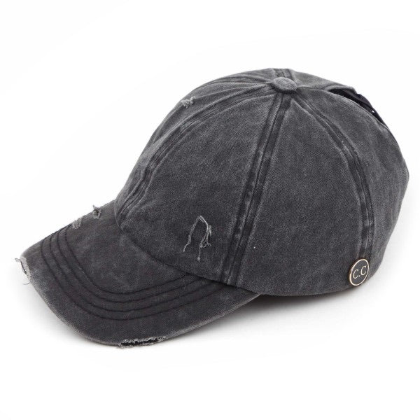 Distressed Denim Criss-Cross Ponytail Cap Featuring C.C Epoxy Side Button For Face Masks
